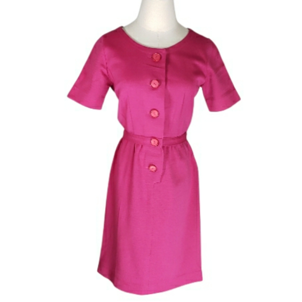 60's Pure Wool Bright Pink Small Dress Kimberley Fit Flare Mod Woven Double Knit